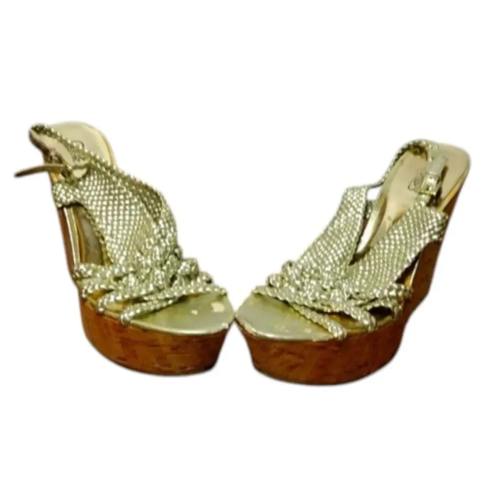 Carlos Santana Gold Woven Cork Platform Wedges 8.5M!